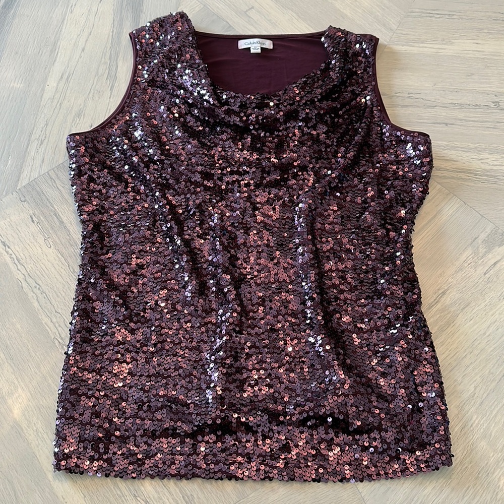 CALVIN KLEIN Size 14 XL Wine Sequin Cowl Neck Dress Stretch Tank Top ~Shirt